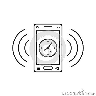 Line art ringing smartphone icon with a clock and signal waves Stock Photo