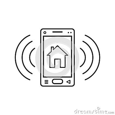 Line art ringing smartphone icon with house sign and signal waves Stock Photo