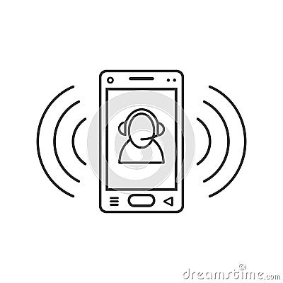 Line art ringing smartphone icon with operator sign and signal waves Stock Photo