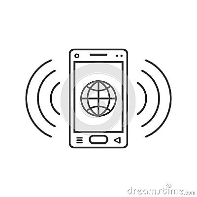 Line art ringing smartphone icon with a sign of the browser globe and signal waves Vector Illustration