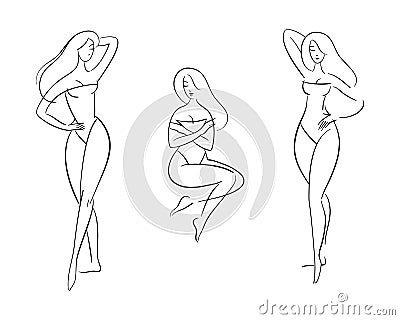 Line art, set of fashion sketches with women in swimsuits. Elegant model poses, beautiful nude girls posing sexy. Vector Illustration