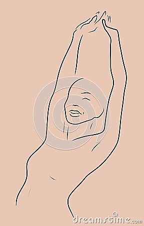Line art shillouette of awakening woman stretching her torso and arms up over her head. Sweet morning vibes. Stock Photo