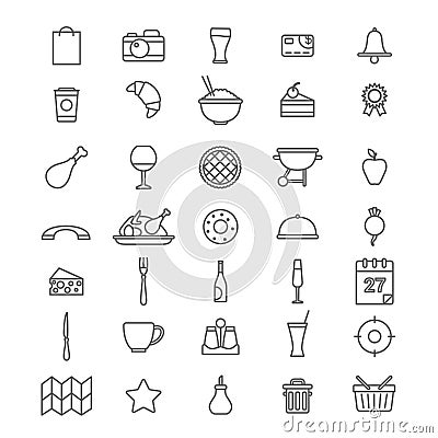 Line art style flat graphical set of web site mobile interface cafe restaurant fastfood pizzeria locator booking rating app icons Vector Illustration