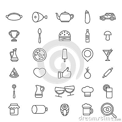 Line art style flat graphical set of web site mobile interface cafe restaurant fastfood pizzeria locator booking rating app icons Vector Illustration