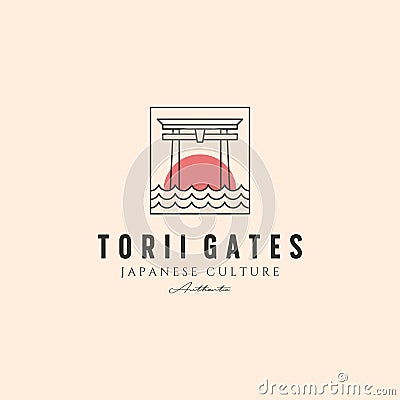 line art torii gate logo vector symbol with sunset illustration design, japanese culture design Vector Illustration