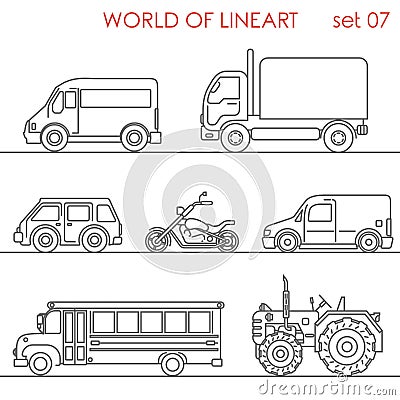 Line art transport aerial road moto tractor school bus lineart Vector Illustration