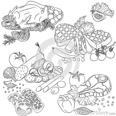 Line art various meat products Cartoon Illustration