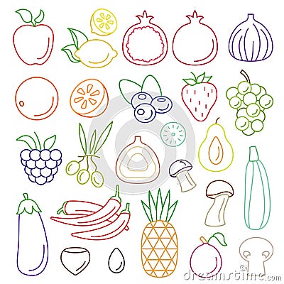 Line art vector graphical fancy food set of fruit and vegetable Vector Illustration