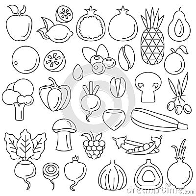 Line art vector graphical fancy set of fruit and vegetable Stock Photo