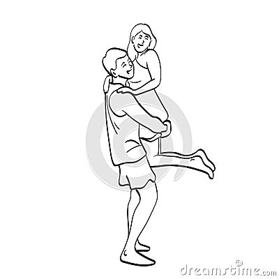 Line art woman being carried by her boyfriend illustration vector hand drawn isolated on white background Vector Illustration