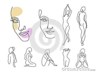 Line art woman silhouette vector set. Female faces and different figure poses in modern simple linear style. Girl body Vector Illustration