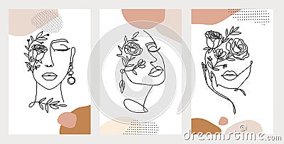 Line art women faces with flowers. Social media cover templates collection for posts, stories or banners Vector Illustration