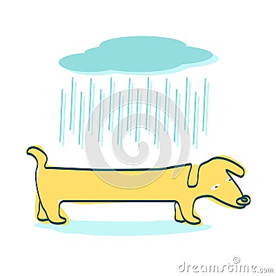 Line art yellow Dachshund dog in the rain Vector Illustration