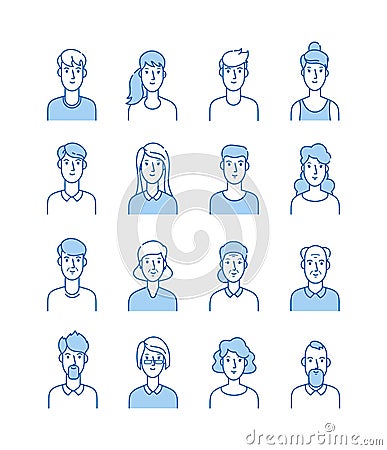 Line avatars. Happy people icons user flat outline male female avatar anonymous faces man woman cute guy internet Vector Illustration