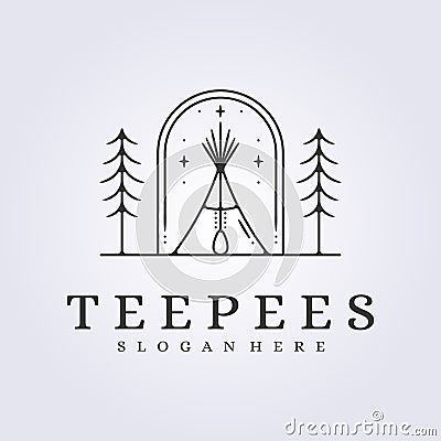 line badge traditional teepees logo vector illustration design, wild life indian ethnic lodge Cartoon Illustration