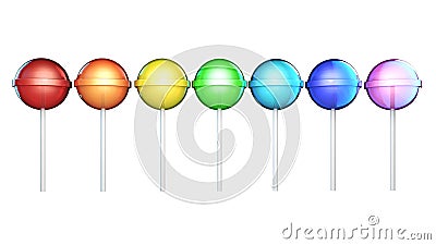 Line of brightly colored lollipops. Candies on stick in a row isolated on white background. 3D illustration Stock Photo