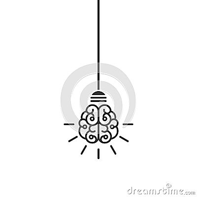 Line bulb with brain and rays on nlue background. New idea, intellect sign. smart, clever, creative symbol Cartoon Illustration