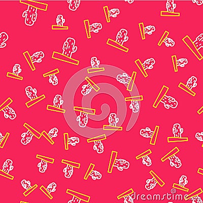 Line Cactus icon isolated seamless pattern on red background. Vector Vector Illustration