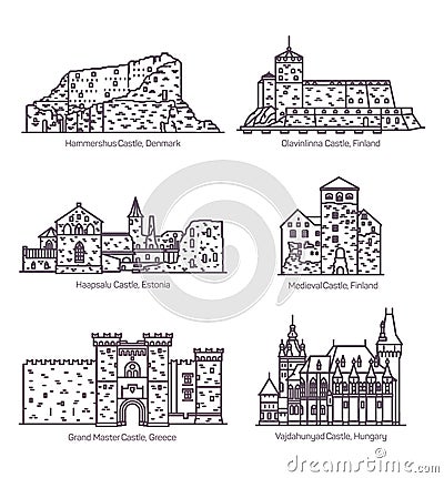 Line castles and architecture, fortress with tower Vector Illustration