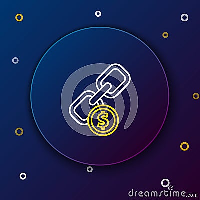 Line Chain link and coin icon isolated on blue background. Link single. Hyperlink chain symbol. Colorful outline concept Vector Illustration