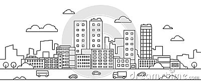 Line city landscape. Urban cityscape with skyscrapers, buildings, street, park and cars, modern linear background Vector Illustration