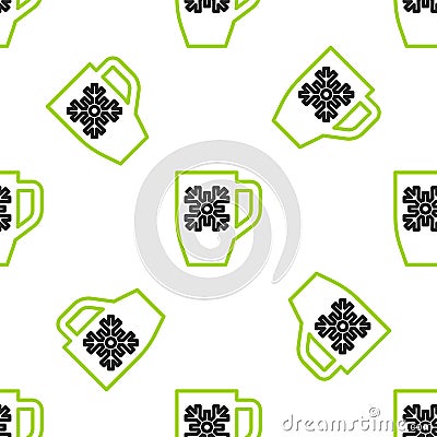 Line Coffee cup with snowflake icon isolated seamless pattern on white background. Tea cup. Hot drink coffee. Merry Vector Illustration