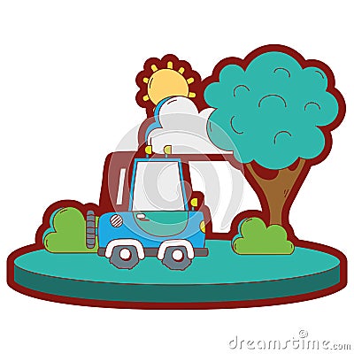 Line color agrimotor car in the city with tree and sun Vector Illustration