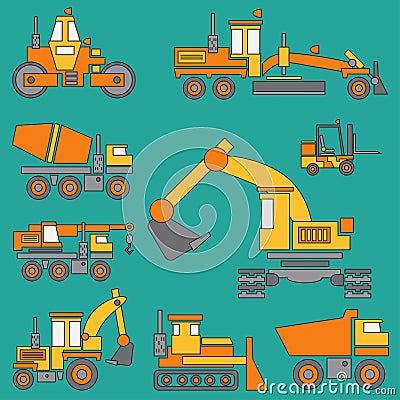 Line color vector icon construction machinery set with bulldozer, crane, truck, excavator, forklift, cement mixer Vector Illustration