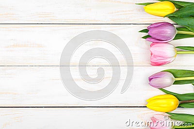 Line of colored tulips lying on a white wooden background Stock Photo