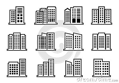 Line company icons set on white background, Black building vector collection, Isolated business illustration Vector Illustration