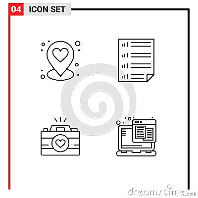 4 Line concept for Websites Mobile and Apps heart, cam, bars, four, images Vector Illustration