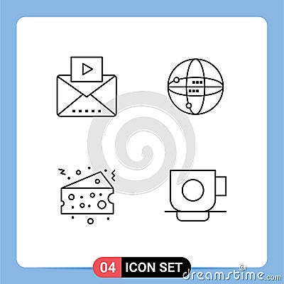 4 Line concept for Websites Mobile and Apps message, cheese, video, computing, food Vector Illustration