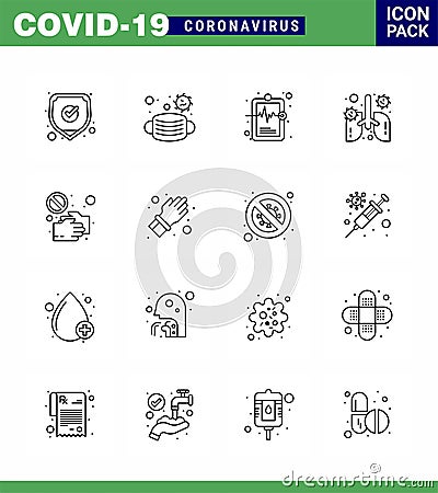 16 Line Coronavirus disease and prevention vector icon covid, organ, health, lung, anatomy Vector Illustration