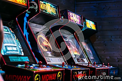 Line of cult action old arcade video games from late 90`s era Editorial Stock Photo