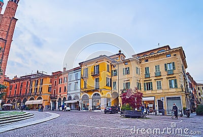 The colored houses on Largo Boccaccino, Cremona, Italy Editorial Stock Photo