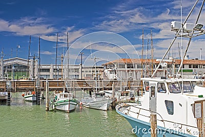 Line of Different Bright Yachts in San-Francisco Marina Pier Stock Photo