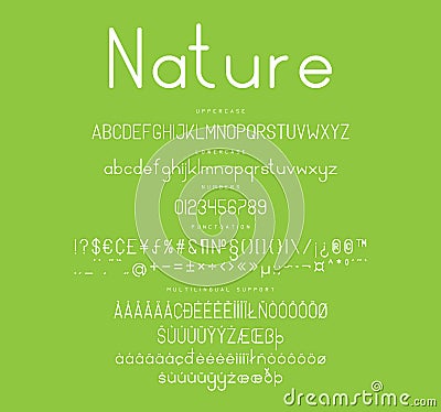 Line display font. Outline alphabet with uppercase, lowercase letters, numbers and multilingual support. Vector Illustration