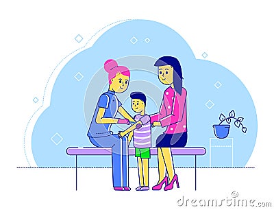 Line doctor pediatrician vector illustration, cartoon flat happy mother and kid boy characters visiting specialist for Cartoon Illustration