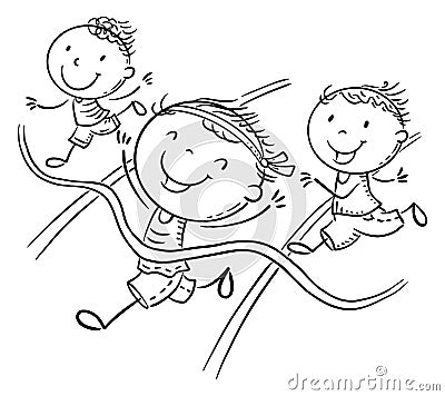 Line drawing of a boy winning the children running sport competition. Kids marathon vector clipart Vector Illustration