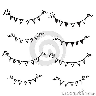 Line drawing. Buntings garland. Party flags.hand drawn doodle cartoon style Vector Illustration