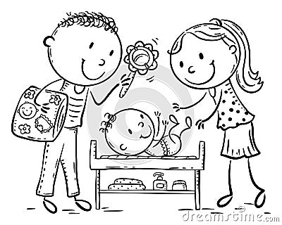 Line drawing of family restroom for changing nappy. Parents changing their baby's diaper. Vector Illustration