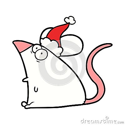 line drawing of a frightened mouse wearing santa hat Vector Illustration