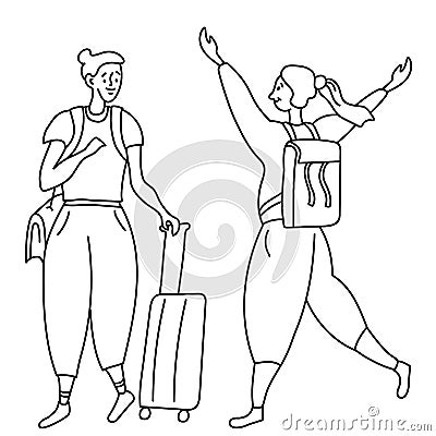 Line drawing karakul two joyful girls tourists. One with a bag on his shoulder and a suitcase on wheels. The second with Vector Illustration