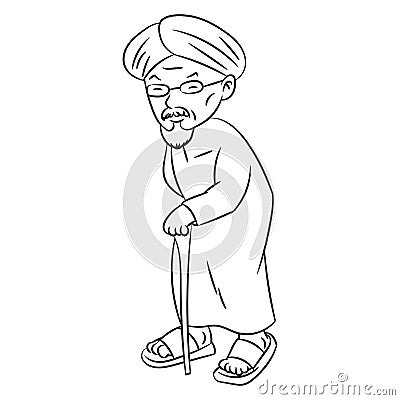 Line Drawing of Malay Grandfater Cartoon -Character Vector Vector Illustration