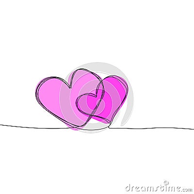 Line Drawing Pink Heart Love double two on white paper. Vector Illustration
