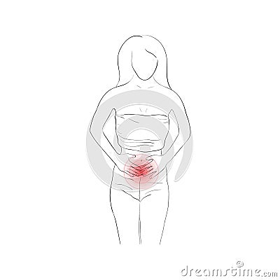 A woman suffering from abdominal pain, stomach ache, menstrual cramps. Vector illustration Vector Illustration