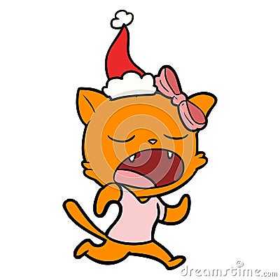 line drawing of a yawning cat wearing santa hat Vector Illustration