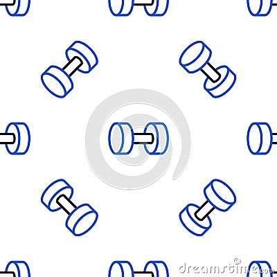 Line Dumbbell icon isolated seamless pattern on white background. Muscle lifting icon, fitness barbell, gym, sports Stock Photo