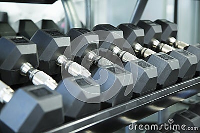 A line of dumbbells on the rack at the gym Stock Photo