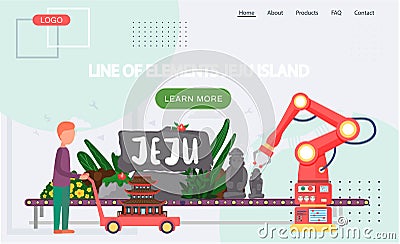 Line of elements Jeju island webpage. Dol hareubang and Hallasan mountain stone figures attraction Vector Illustration